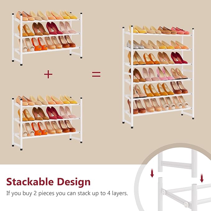 Tajsoon Expandable Shoe Rack for Closet 3 Tier, 28“-41“Adjustable & Stackable Shoe Shelf Storage, Metal Shoe Rack Organizer f