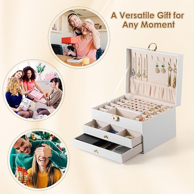 coobest 3 Layer Jewelry Box, Lockable Jewelry Holder Organizer with Jewelry Drawer, Large Jewelry Boxes & Organizer with Velv