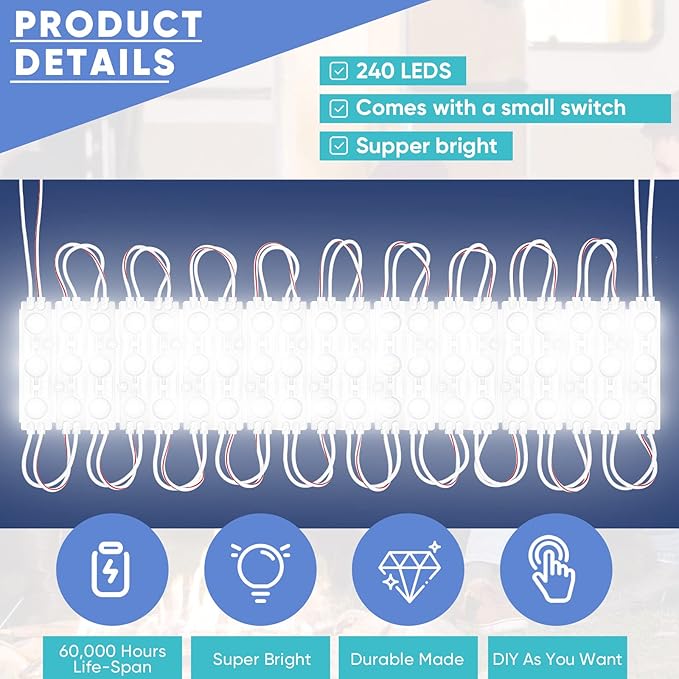 12V 240 LEDs Van Interior Light Kits, LED Module Lights Ceiling Lamp with Harness Switch for Car Van Truck Auto Vehicle Caravan Trailers Boat Bus RV Room Cargo White Lighting (80 Modules, White)
