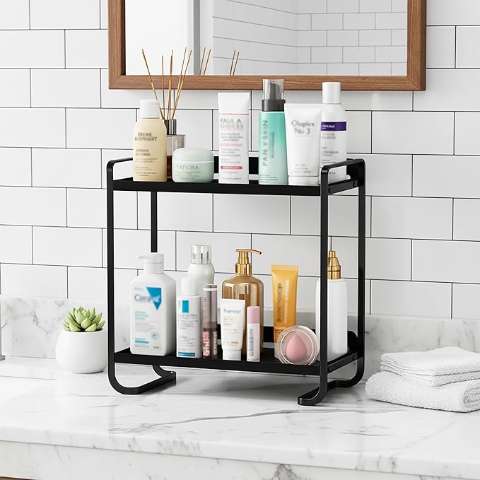 2-Tier Black Carbon Steel Bathroom Counter Organizer - Skincare Cosmetic Display Tray for Perfume, Makeup，Bathroom, Vanity St