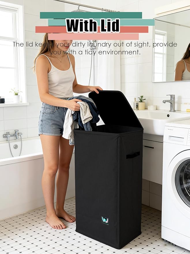 WTREE Laundry Hamper with Lid, Reinforced Sturdy Clothes Hamper with Anti-Puncture Base, Large Collapsible Laundry Basket wit