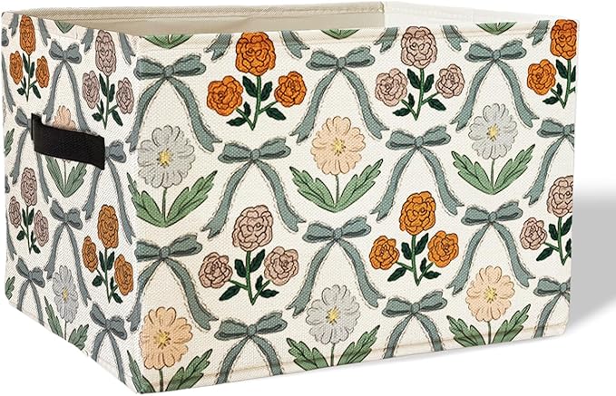 Coquette Blue Bow Floral Rectangular Storage Basket Organizer Bin Box with Handles,Girls Room Decorative Storage Baskets Toyb