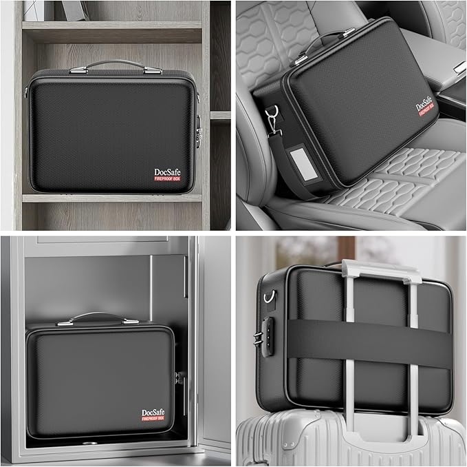 DocSafe Fireproof Document Box with Lock＆Shoulder Strap, Hard-Shell Case File Organizer with Accordion File Folder, Multi-Lay