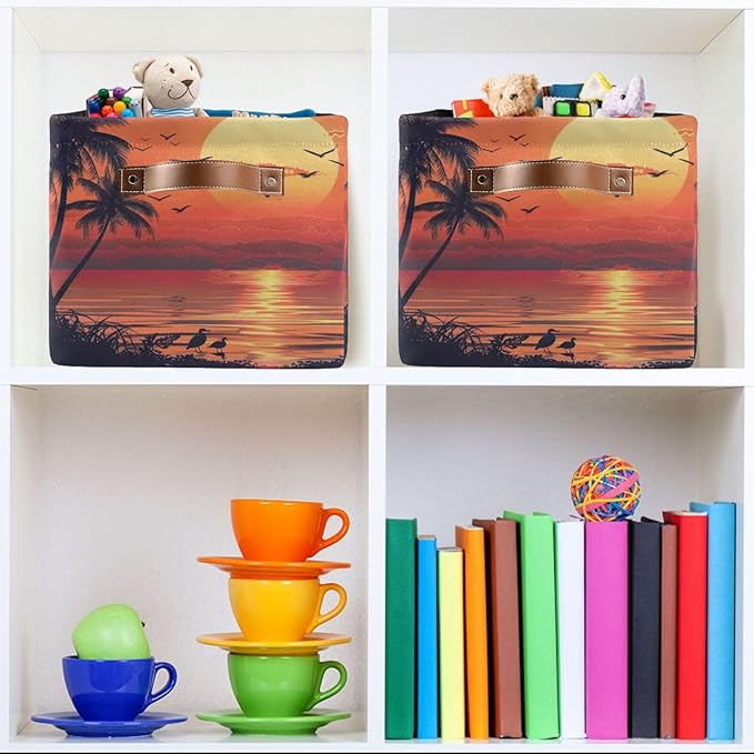 xigua Summer Palm Trees Storage Basket Collapsible Storage Bins Waterproof Canvas Storage Basket with Leather Handles for Hom