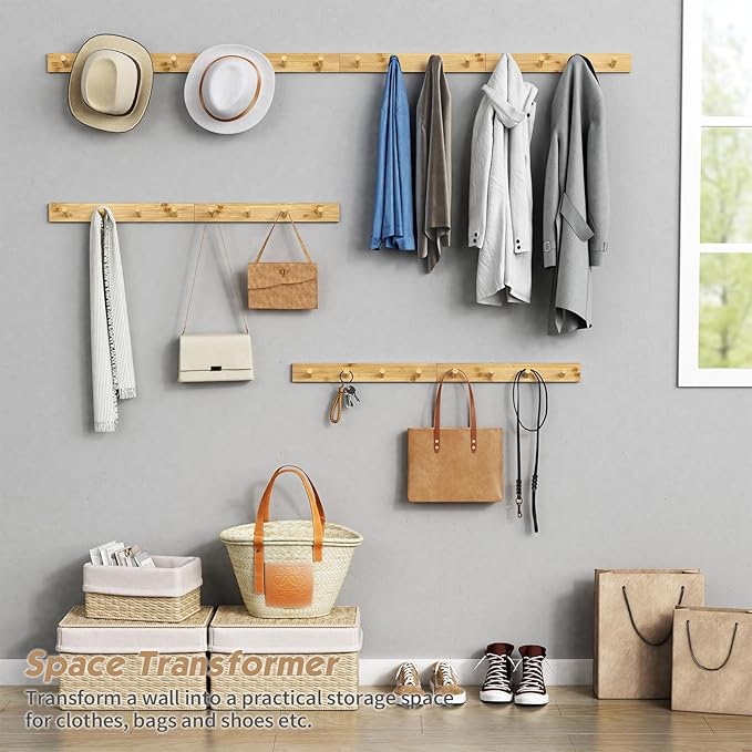 Forbena Natural Wood Coat Rack Wall Mount Set of 4, Wooden Wall Hooks for Bathroom Towels, Vertical Coat Hanger for Kids Room