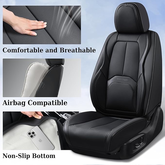 Coverado Automotive Seat Covers, Leather Seat Covers Front Seat, Luxury Car Seat Covers with Lumbar Support, Front Driver Sea