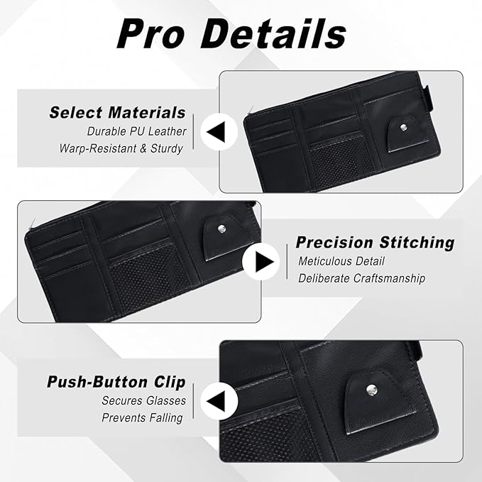 2 PCS Car Visor Organizer, Sunglasses Holder for Car Sun Visor, Leather Sunvisor Organizers with Sunglass Holder & Card Sleeve Pocket, Vehicle Accessories for Most Vehicle, Black