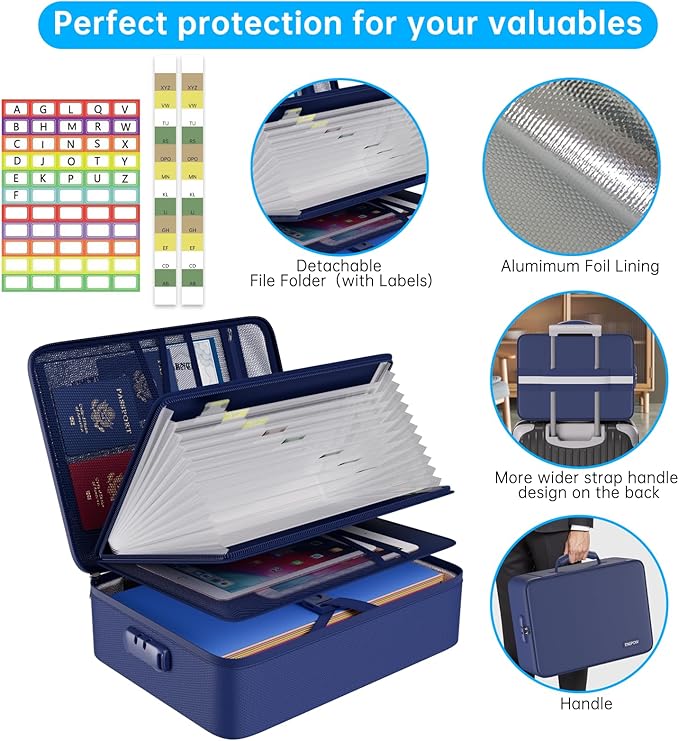 ENGPOW 5200℉ Fireproof File Organizer Bag with 13 Pocket Accordion File Folder,Document Organizer Box with Lock&Labels,Multi-