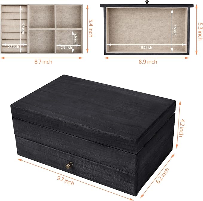 Meangood Jewelry Box Organizer for Women, 2 Layer Large Jewelry Storage Case, Rustic Wooden Jewelry Box with Mirror & Ring Tr