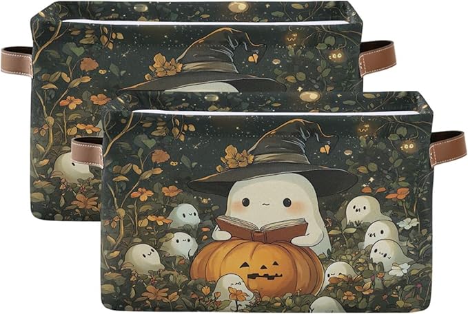 xigua Cute Ghost Wearing Witch Hat Storage Basket Foldable Storage Bin, Canvas Rectangular Storage Basket with Leather Handle