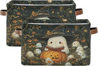 xigua Cute Ghost Wearing Witch Hat Storage Basket Foldable Storage Bin, Canvas Rectangular Storage Basket with Leather Handle