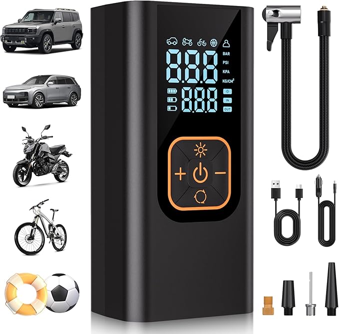 180PSI Tire Inflator Portable Air Compressor, 6X Faster Air Pump for Car Tires with Digital Pressure Gauge, 12V DC Adapter, LED Light, Portable Tire Inflator for Car, Motorcycle, Bike, Obsidian