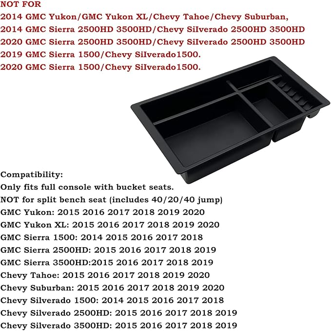 Center Console Organizer Compatible with 2015-2020 Chevy Yukon Tahoe Suburban and 2014-2018 GMC Sierra Silverado Tray Accessories Armrest Storage-Full Console w/Bucket Seats ONLY