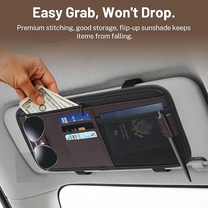 Car Visor Organizer,Premium Leather with a Hidden Zip Pocket, Sunglasses Organizer,3 Card Slots and a Stretch Mesh Pocket,Easy Installation,Compatible with Car Accessories for Vehicle, SUV, Truck