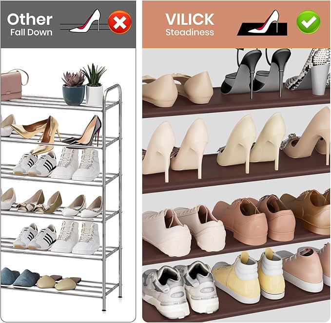 VILICK Shoe Rack for Closet Shoe Organizer Space Saver Storage for 20-25 Pair Shoe Shelf with Hook and Side Pocket Free Stand