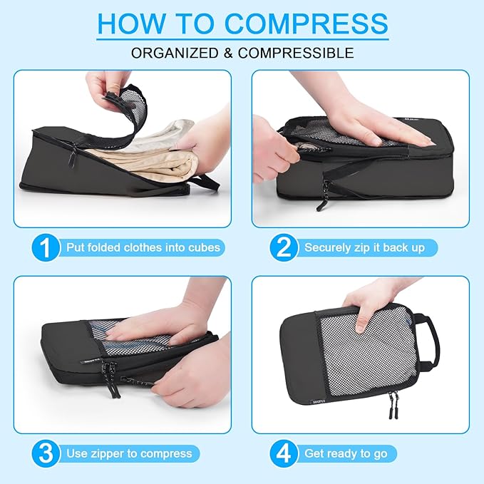 4 PCS Set Compression Packing Cubes for Travel, Lightweight Packaging Organizer Bags for Carry On Space Saving, Travel Essent