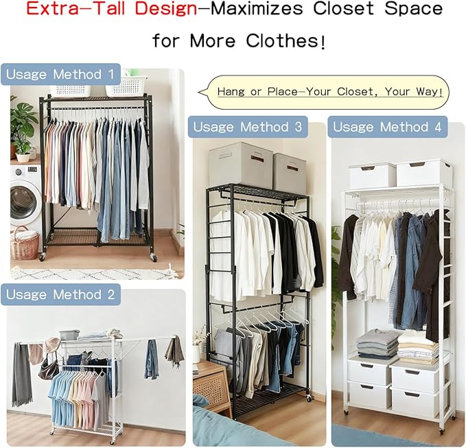 lumizone Folding Clothing Rack with Wheels Expandable Wardrobe Portable Clothes Rack for Hanging Clothes Adjustable Closet Sh