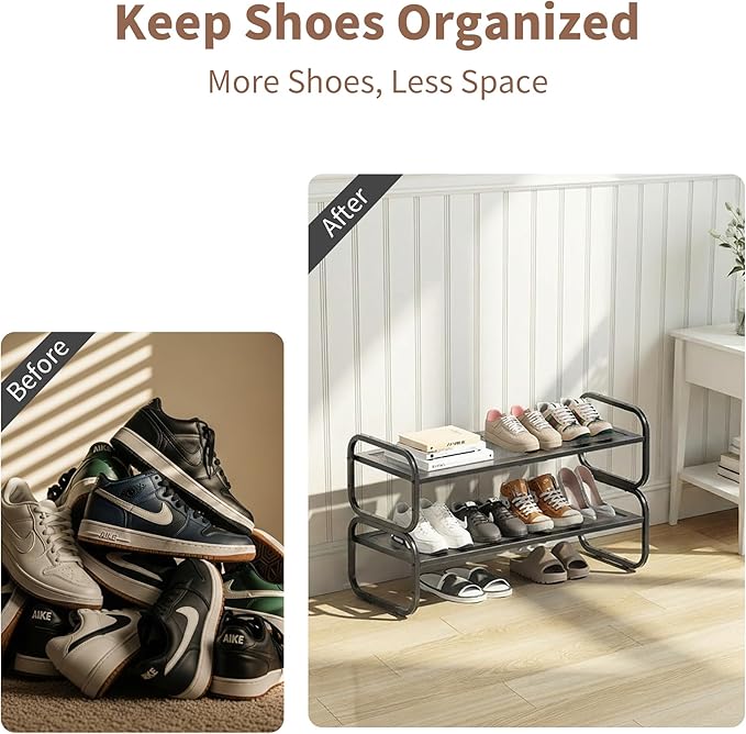 2 Tier Shoe Rack - Expandable Shoe Organizer for Closet, Adjustable Metal Shoe Shelf Storage, Stackable Long Shoe Stand Holde