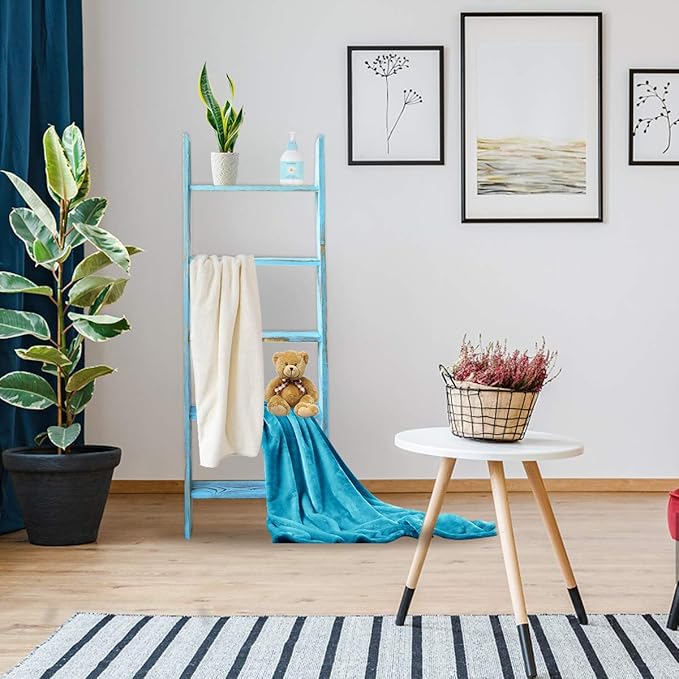 Honest Ladders for Living Room, 5-Tier Blanket Holder, Wall-Leaning Rack, Ladder Shelves, Wooden Quilt Ladder, Farmhouse Deco