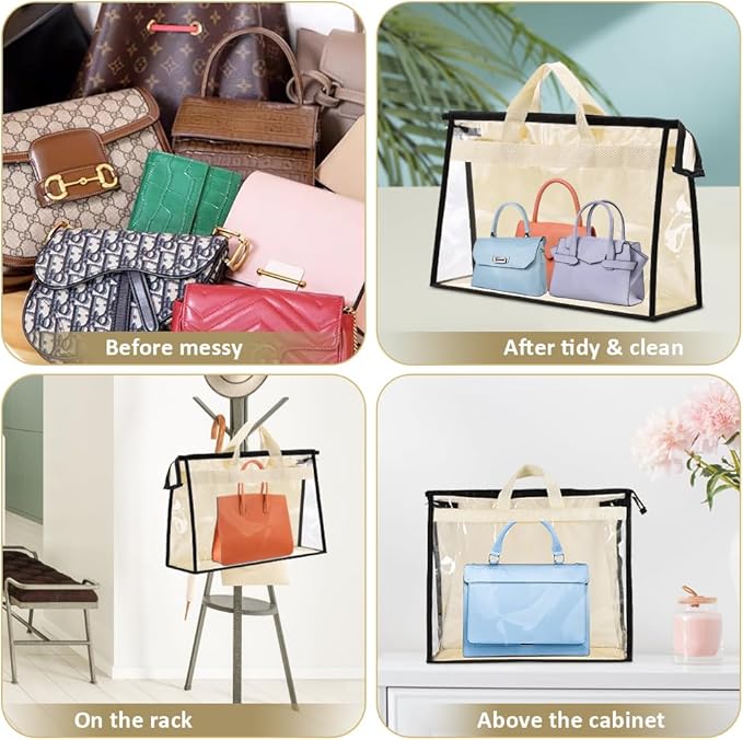 15 PCS Dust Bags for Handbags,Purse Protector Storage Bag,Purse Cover Hanging Closet Organizer with Zipper Handle,Clear Handb