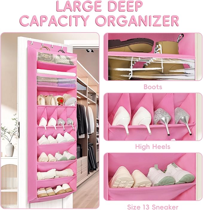 FENTEC 1 Pack 8 Shelves Over The Door Shoe Organizer,68" Exlarge Deep Pockets Hanging Shoe Organizers, Shoe Rack for Closet, 