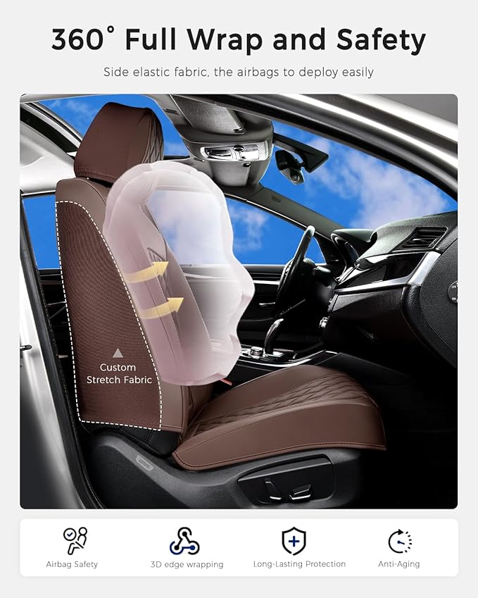 Huidasource Coffee Front Seat Cover, Nappa Leather Front Car Seat Cover, Side Elastic Fabric, Compatible with Airbags, Seat B