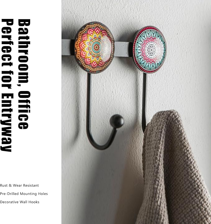 Boho Coat Rack Wall Mounted with 5 Hooks, Multi-Color Mandala Pattern Decorative Wall Hooks for Hanging Hat, Key, Towel, Purs