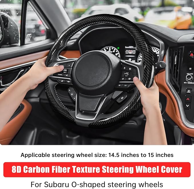 Car Steering Wheel Cover for Subaru Forester, Outback, Crosstrek, Impreza WRX - Carbon Fiber Pattern Protective Cover in Black Compatible with 15-inch Wheels Decorative Modification Accessories