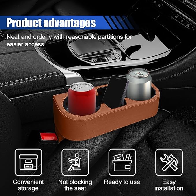 Car Cup Holder, Auto Front Seat Organizer, Multifunctional Cup Drink Holders with PU Leather Cover, Gap Filler Storage Box Coin Bucket Console Side Pocket Cell Mobile Phone Holder (Brown)