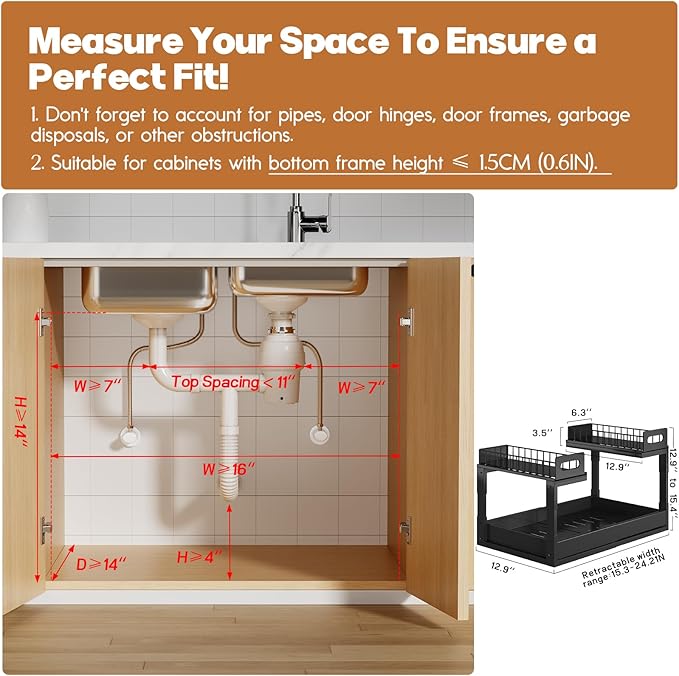 1 Pack Expandable Under Sink Organizers And Storage With Upgrade Ball-Bearing Slide Tracks,2-Tier Pull Out Under Cabinet Orga