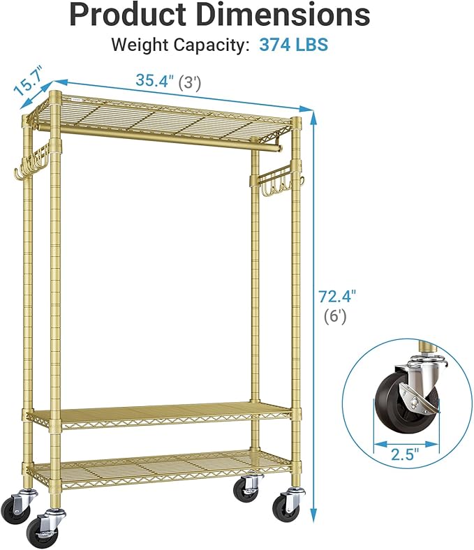 VIPEK R3 Heavy Duty Clothes Rack with Lockable Wheels, Rolling Portable Closet with Adjustable Shelves & Hanging Rod & Side H