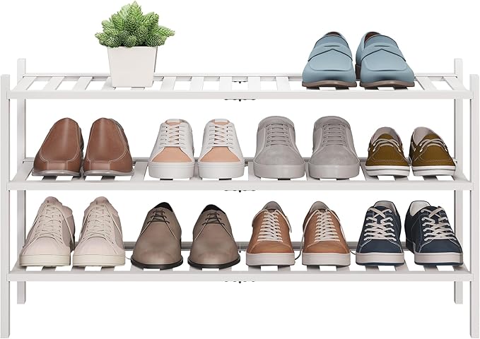 BMOSU 3-Tier Bamboo Extended Shoe Rack Premium Stackable Shoe Shelf Storage Organizer for Hallway Closet Living Room Entryway