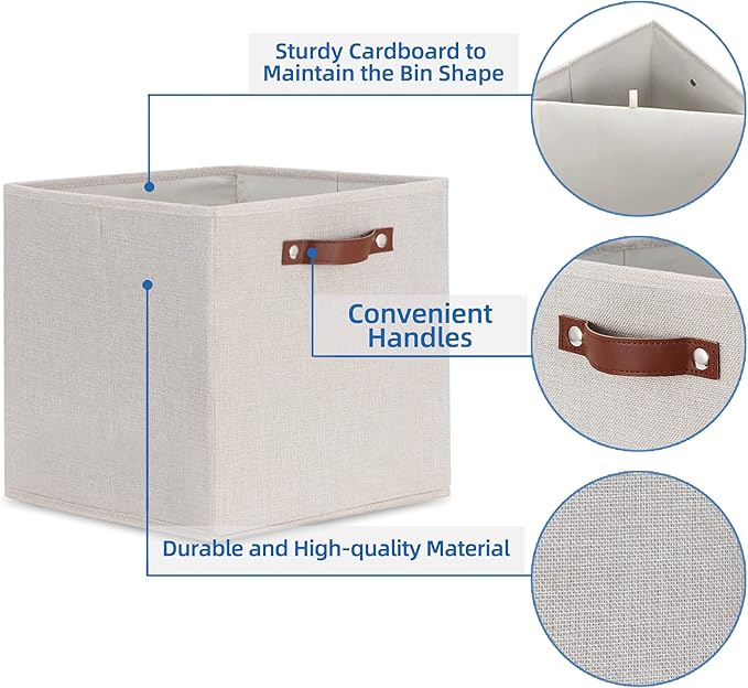 Temary Fabric Storage Cubes Storage Bins with Dual Leather Handles, 4 Pack Cube Baskets 13x13 Foldable Cube Organizers for Sh