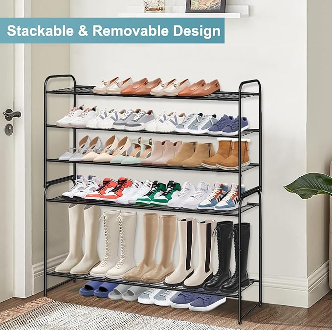 AOODA Long 3 Tier Metal Shoe Rack for Closet Wide Stackable Shoe Storage Organizer for Entryway, Bedroom, Floor, 24-Pairs Men