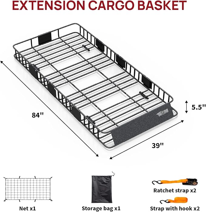 Bonnlo 250lbs Extendable Rooftop Cargo Carrier,84 * 39 * 5.5inch Universal Roof Rack Basket with Rubber Net,Storage Bag,Straps,for SUV/Truck/Van