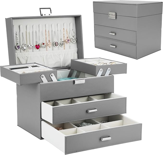 Dajasan Jewelry Organizer Box, Large Jewelry Boxes for Women Girls, Space-Saving 4 Layers Jewelry Storage Case with Drawer, M