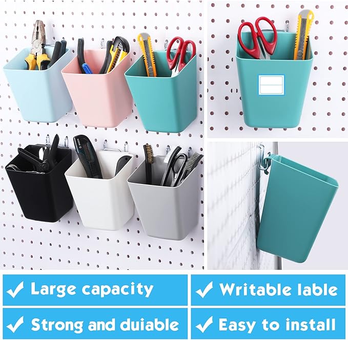 Namalu 12 Pack Peg Board Storage Bins with Labels and Hooks Square Box Shape Pegboard Cup Holder Accessories Pegboard Organiz