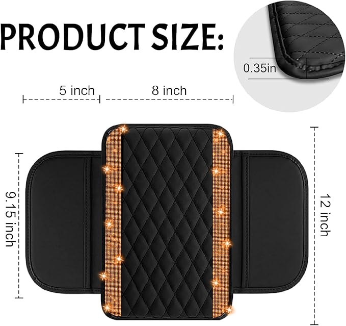 NBTEPEM Bling Car Center Console Cover, Leather Car Arm Rest Cover Cushion with 2 Storage Bags, Universal Auto Armrest Protector Storage Box, Bling Accessories Interior for Most Vehicles (Orange)