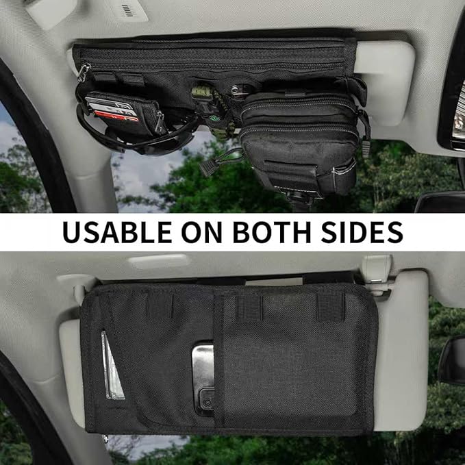 Car Sun Visor Organizer, Double Sided Visor Organzier with Card Pouch for Cars, Trucks, Vans, Multi-Functional Sunglass Holder, Tactical MOLLE Accessories, 2-Pack