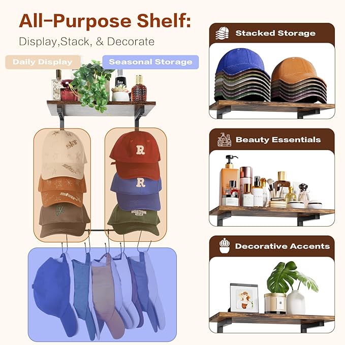 Keebofly Wall Hat Rack with Shelf, Multi-function Baseball Cap Organizer & Holder with 12 Hooks，Displays & Stores 60+ Caps, M