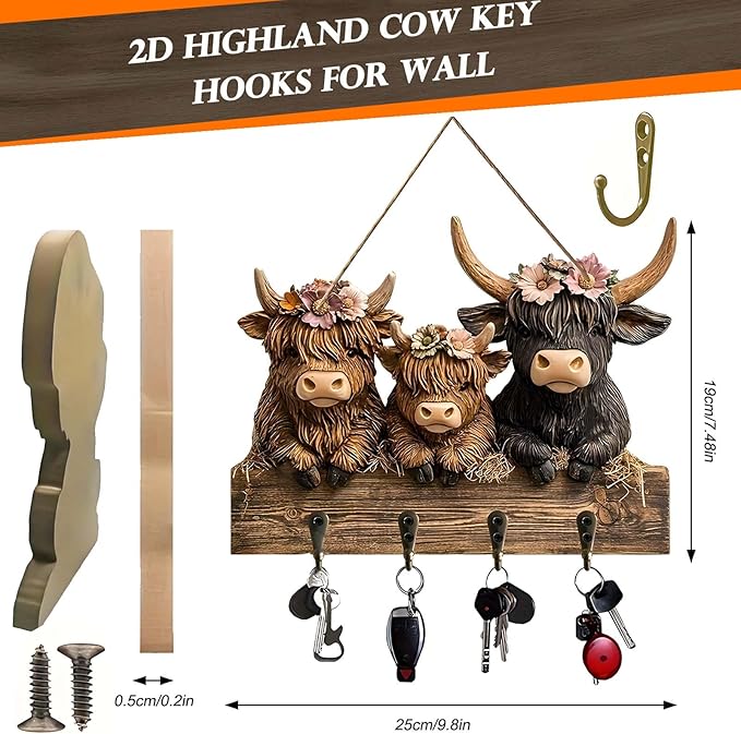 2D Highland Cow Key Hooks for Wall - Wooden Key Holder and Organizer with Flat Design for Home, Office, or Garage Decor