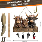 2D Highland Cow Key Hooks for Wall - Wooden Key Holder and Organizer with Flat Design for Home, Office, or Garage Decor