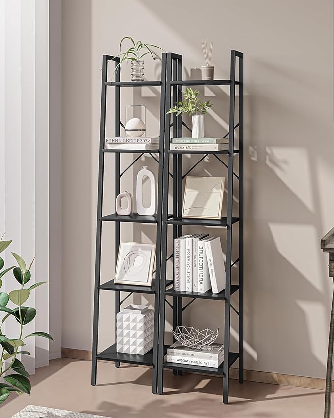 Hzuaneri Ladder Shelf, Bookshelf Bookcase, Freestanding Corner Storage Shelve with 2 Hooks for Home Office, Living Room, Kitc
