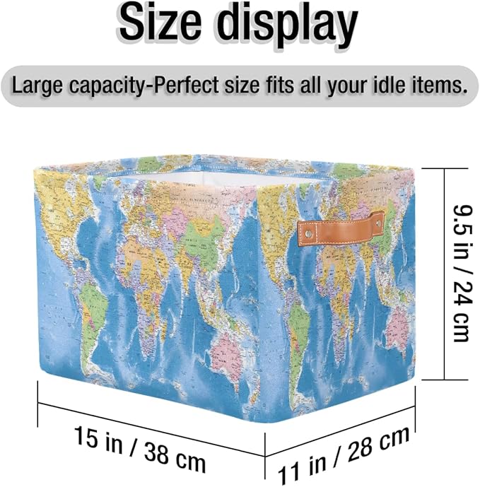 Globe World Map Storage Basket Collapsible Cloth Storage Cube Basket Bins Organizer with Handles Rectangular Large Toys Shelf