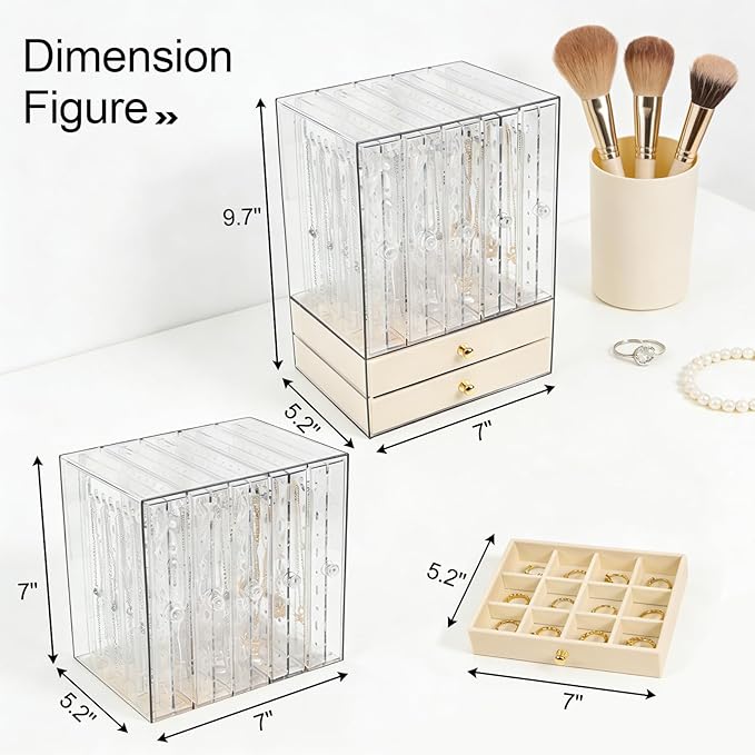 Greenfeather Jewelry Organizer with 7 Removable Drawers, Clear Acrylic Jewelry Box with 40 Necklace Hooks, 120 Pairs of Earri