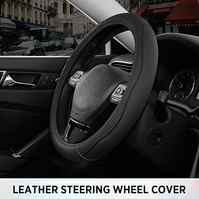 Road Comforts Leather Steering Wheel Cover with Decorative Trim and Piping, Anti-Slip Breathable Design, Fits 14.5–15 Inch Ro