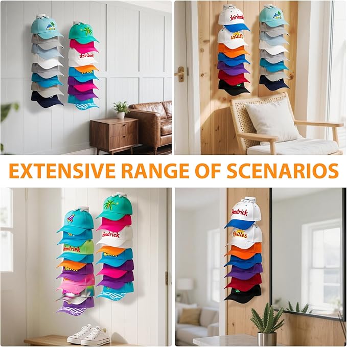 2 Pack Hat Organizer for Baseball Caps, Hat Rack for Wall Hold Up to 16 Hats, Hat Holder with Strong Adhesive and Screws, Hat