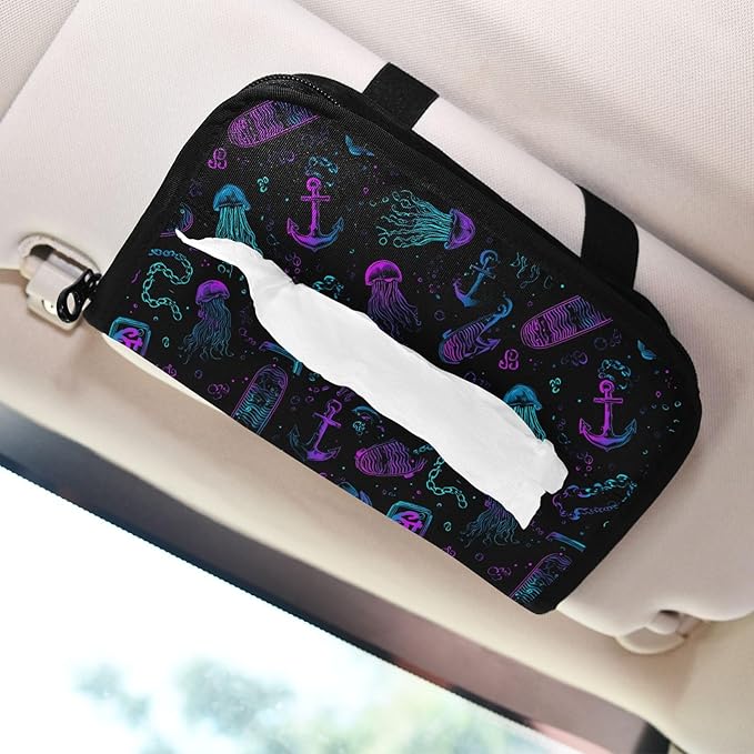 Car Tissue Holder Car Visor Organizer Tissue Box Holder for Car Sun Visor Organizer with Car Vehicle Accessories Essentials Interior for Women Men Black Jellyfish Anchor Skateboard Neon