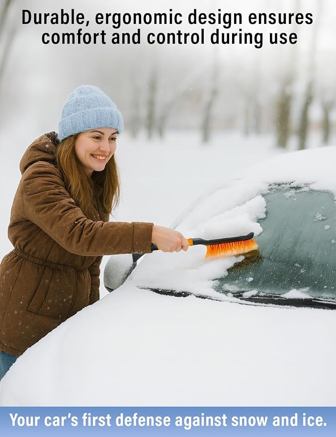 17" Snow Brush & Ice Scraper for Car Windshield | Heavy-Duty Snow Removal Tool | Small Snow Brush with Ergonomic Foam Grip | Essential Car Winter Accessory | Efficient Snow Clearing Brush