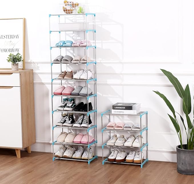 Jucaifu Stackable Small Shoe Rack, Entryway, Hallway and Closet Space Saving Storage and Organization (10-Tier, Blue)